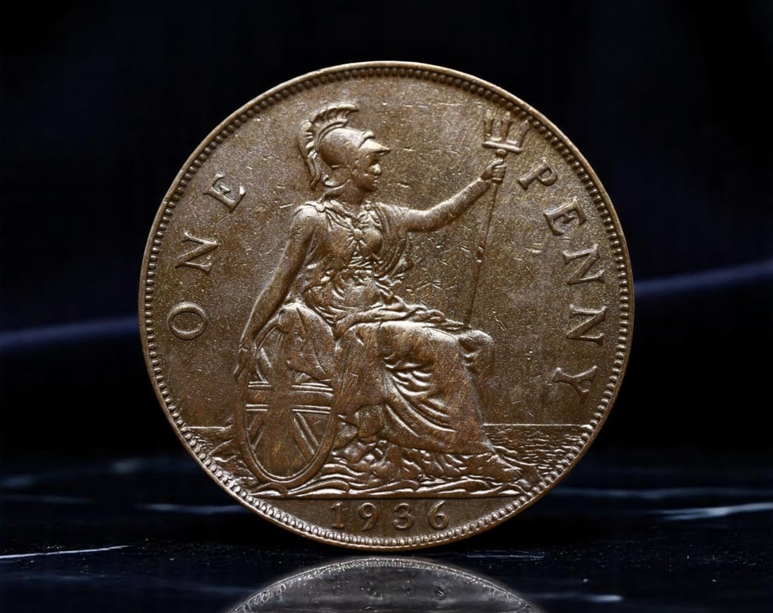 GREAT BRITAIN: King George V - Britannia and Imperial Sunset One Penny Coin, 1936, 31mm: Struck in the final year of King George V's reign, this 1936 One Penny coin stands as a poignant emblem of an era drawing to a close. The obverse carries the steady, time-worn profile of the King, who