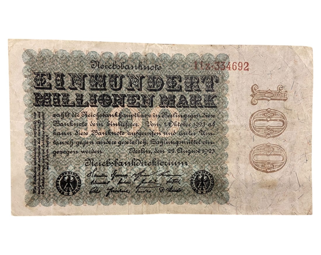 GERMANY: Weimar Republic - 100 Million Mark Banknote, 1923 Berlin Issue (1 of 2)