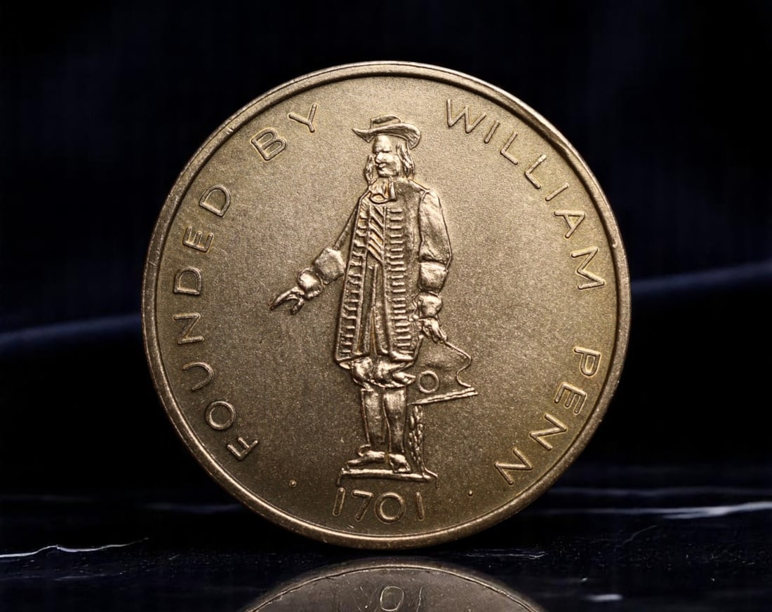 USA: Philadelphia - William Penn Founder Commemorative Coin, 1701 Theme (29mm): This privately issued commemorative coin celebrates the founding of Philadelphia by William Penn in 1701. The obverse presents a full-figure depiction of Penn in traditional Quaker attire, framed by t