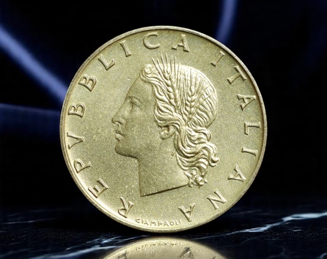ITALY: Agricultural Liberty - Oak & Wheat 20 Lire Coin, 1971 R Rome Mint, 21mm: This elegant 1971 20 Lire coin from the Italian Republic evokes the philosophical synthesis of strength and cultivation that defined Italy's postwar identity. A neoclassical female figure, crowned wit