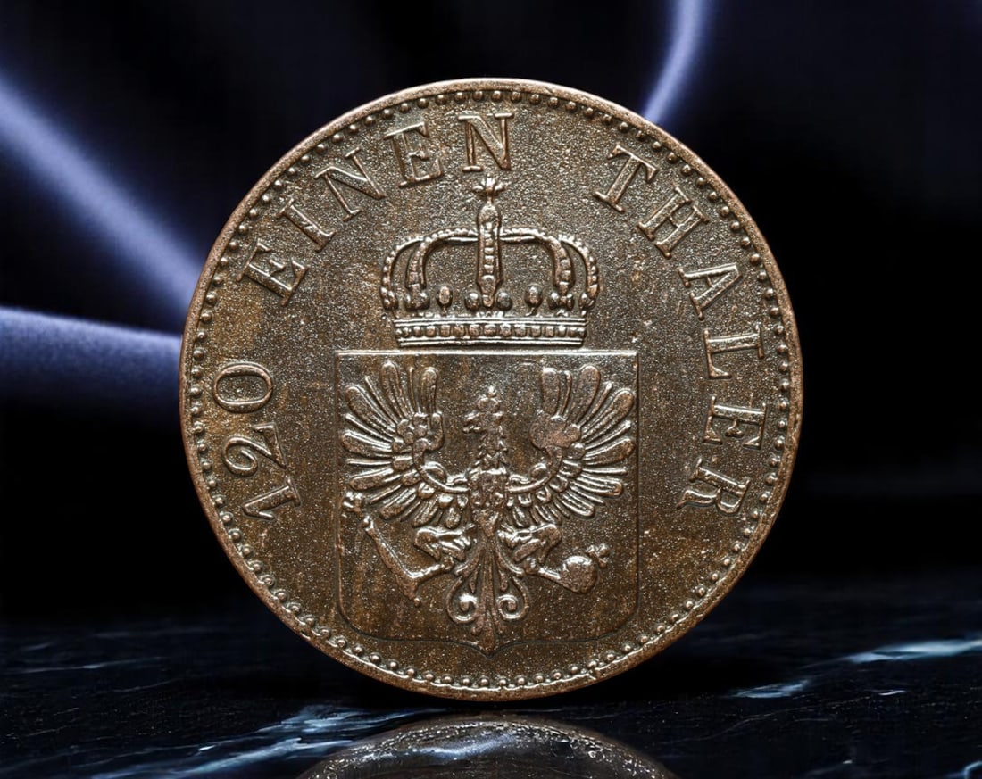 GERMANY/PRUSSIA: Crowned Eagle - Royal Armorial 3 Pfennige Coin, 1852 A Berlin Mint, 24mm: Issued under the authority of the Kingdom of Prussia, this 1852 bronze 3 Pfennige coin emanates the disciplined elegance of mid-19th century statecraft. Dominating the obverse is the Prussian crowned 