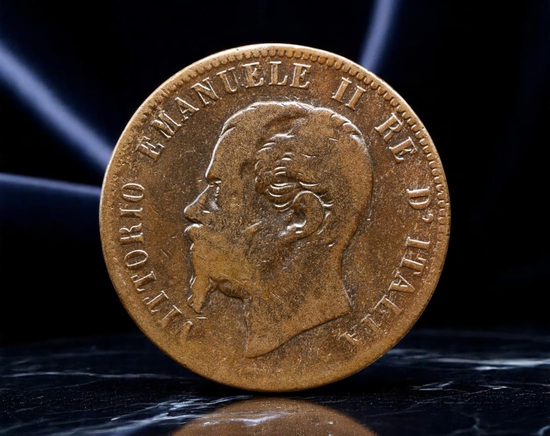ITALY: Vittorio Emanuele II - National Unity 10 Centesimi Coin, 1863, 30mm: Issued shortly after Italy's unification, this 10 Centesimi coin from 1863 captures the emergence of a new kingdom under Vittorio Emanuele II. His portrait faces left in a solemn profile that reflects