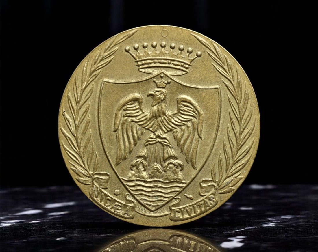 FRANCE: City of Nice - Civic Arms and Coastal Panorama Souvenir Token, ca. 20th Century, 31mm: Celebrating the cultural pride and coastal beauty of the French Riviera, this large-format brass token features the heraldic arms of the city of Nice-an imperial eagle poised above the sea, flanked by