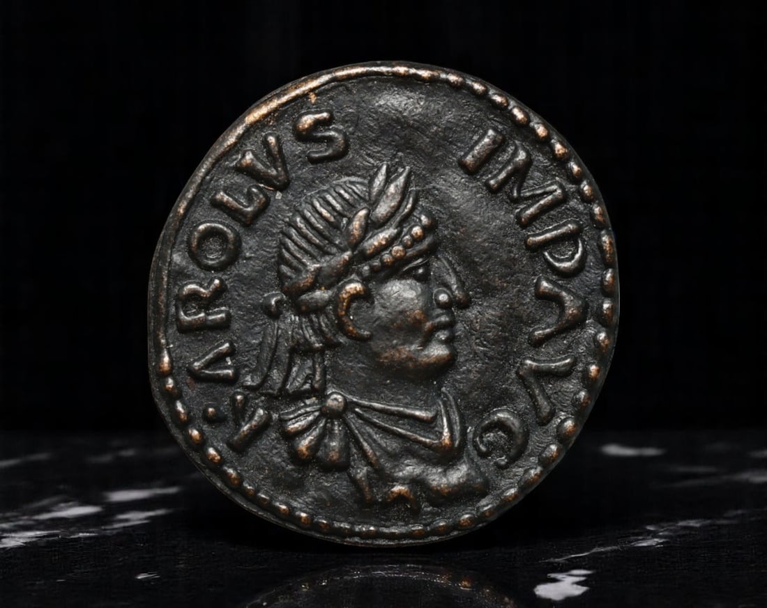 FRANCE/CAROLINGIAN EMPIRE: Charlemagne Imperial Dignity Denier Coin (Museum Edition), 800 CE Design: This museum edition coin, size 21mm, presents a bold, neoclassical interpretation of the legendary Charlemagne denier, commemorating his coronation in 800 CE as Emperor of the Romans. The obverse feat