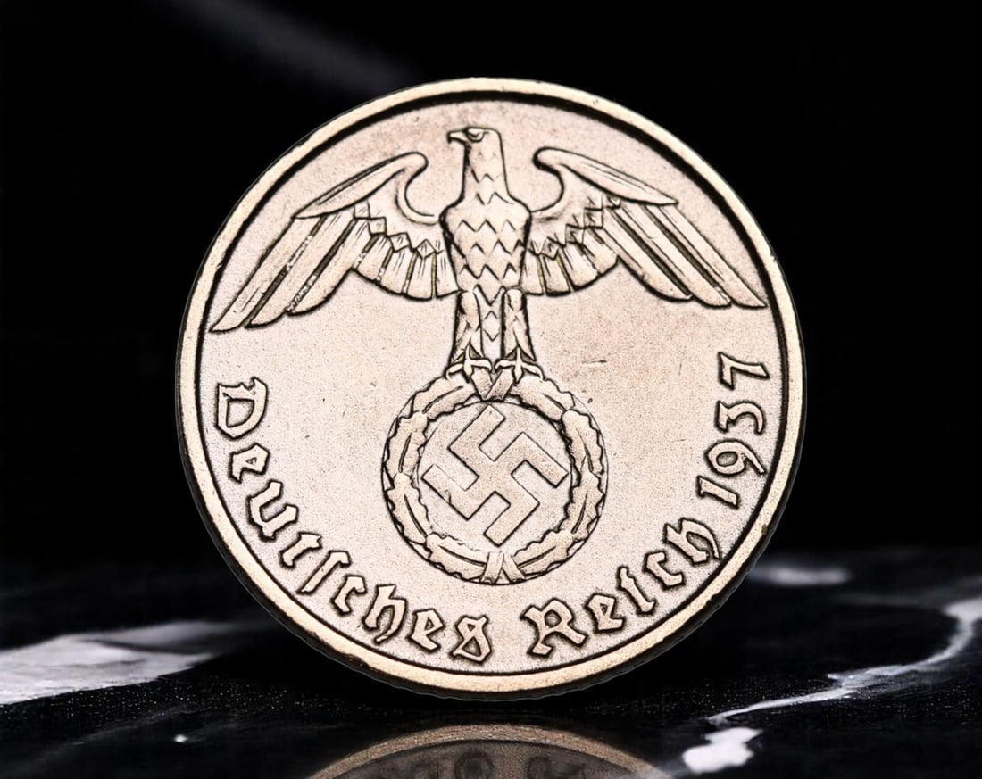 GERMANY/THIRD REICH: Reichsadler Emblem - 5 Reichspfennig Coin, 1937 A Berlin Mint, 18mm: Issued in 1937 under the Nazi regime, this 5 Reichspfennig coin bears the stark and ideologically charged imagery of the Third Reich. The obverse features the Reichsadler-an imperial eagle grasping a 
