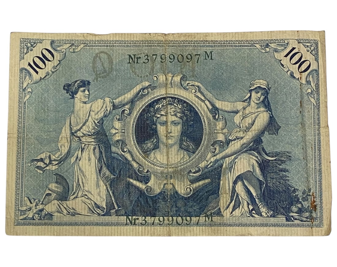 GERMANY/IMPERIAL ERA: Allegory and Empire - Reichsbanknote 100 Mark Banknote, 1908 Berlin, 16x10cm: This 1908 100 Mark Reichsbanknote is among the most emblematic issues of imperial Germany, blending neoclassical symbolism with financial authority. The reverse features two allegorical female figures