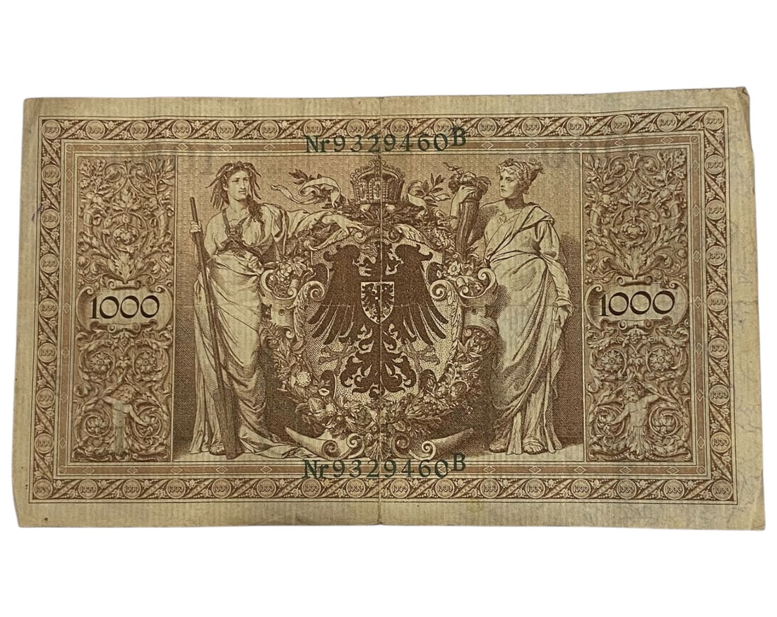 GERMANY/IMPERIAL ERA: Pillars of Sovereignty Reichsbanknote 1000 Mark Banknote, 1910 Berlin, 18x11cm: A testament to the strength and structure of the German Empire before the cataclysms of war, this 1000 Mark Reichsbanknote from 1910 radiates imperial grandeur and classical harmony. The reverse prese