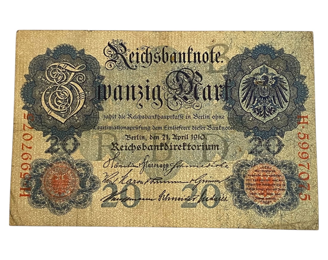 GERMANY/EMPIRE: Imperial Cohesion - 20 Mark Reichsbanknote, 1910 Berlin, 14x9cm: Issued in the politically confident high tide of the Wilhelmine Empire, this 20 Mark banknote reflects the grandeur and cohesion of early 20th-century German statecraft. Its obverse bears the Gothic f