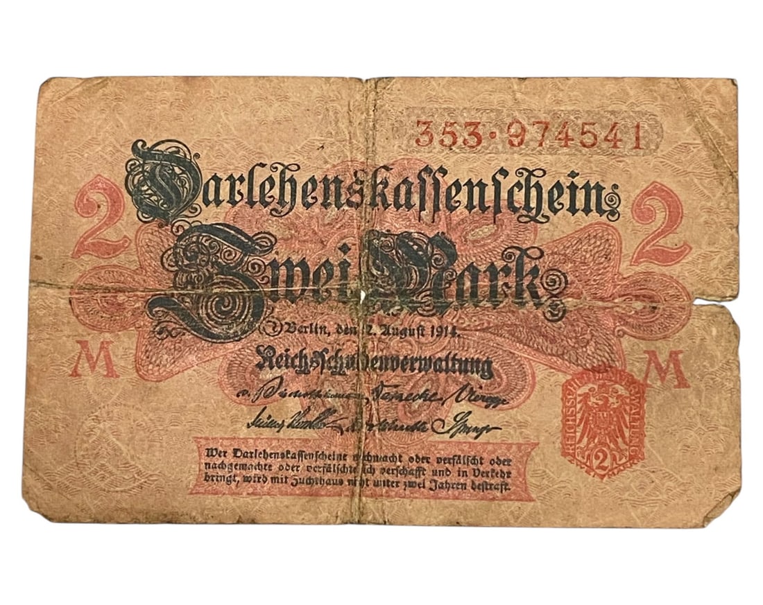 GERMANY/WWI ERA: Wartime Currency Reform - Darlehnskassenschein 2 Mark Banknote, 1914 Berlin, 11x7cm: Issued on August 12, 1914, this modest yet symbolically powerful 2 Mark Darlehnskassenschein embodies Germany's early wartime fiscal adaptation. Embellished in vibrant vermilion ink, its baroque-style
