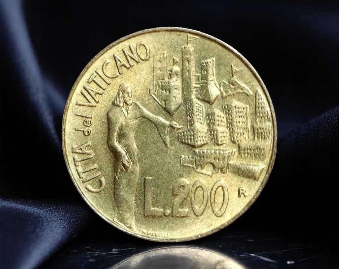 VATICAN CITY: Pope John Paul II - Evangelization of Cities 200 Lire Coin, 1991 R, 23mm: Issued in the thirteenth year of Pope John Paul II's dynamic papacy, this 200 Lire coin from 1991 encapsulates the Vatican's spiritual mission amid modernity. The reverse depicts a robed figure-an apo