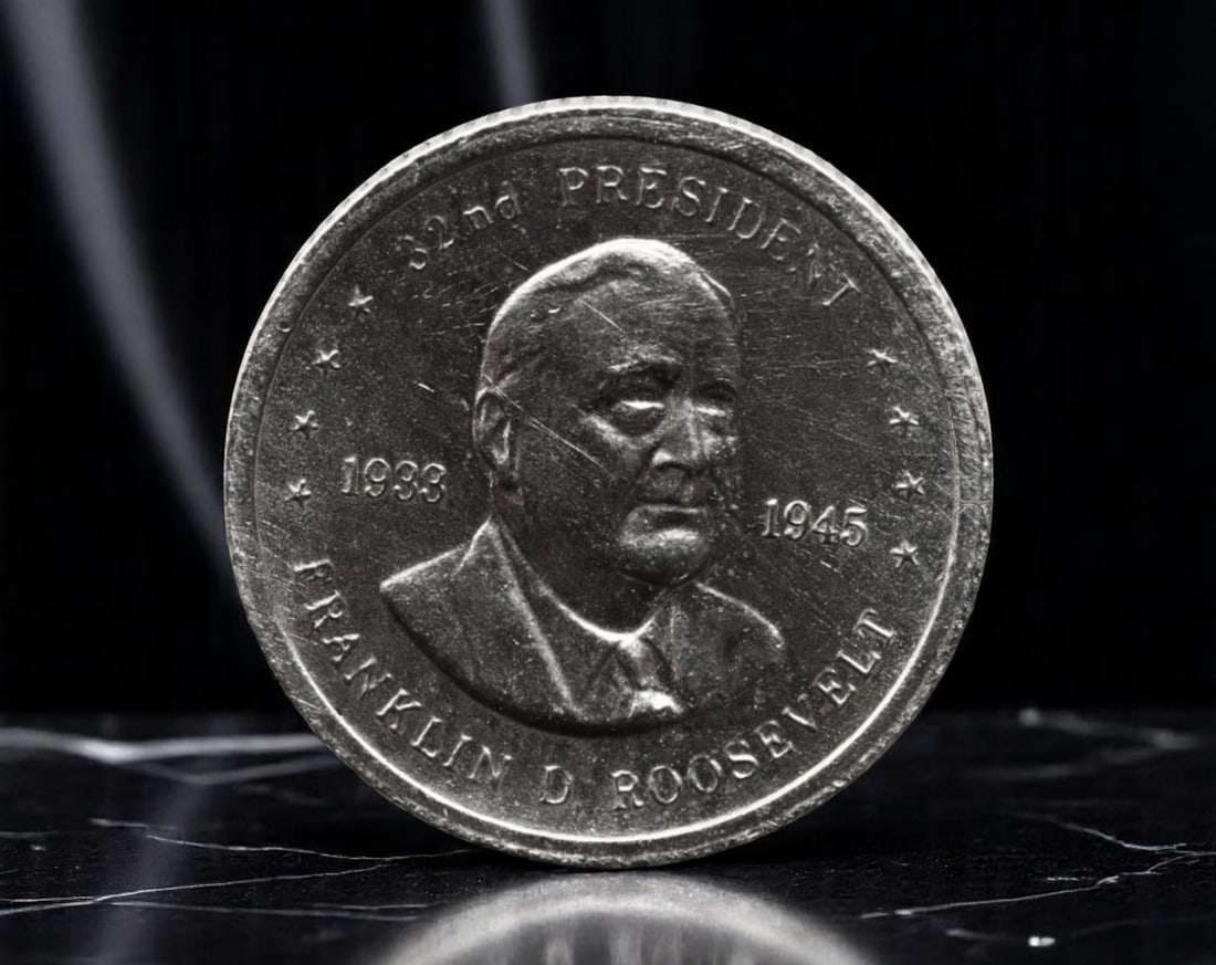 FRANKLIN MINT: Franklin D. Roosevelt - Wartime Resolve Miniature Silver Coin, 1933-1945, USA, 10mm (1 of 2)