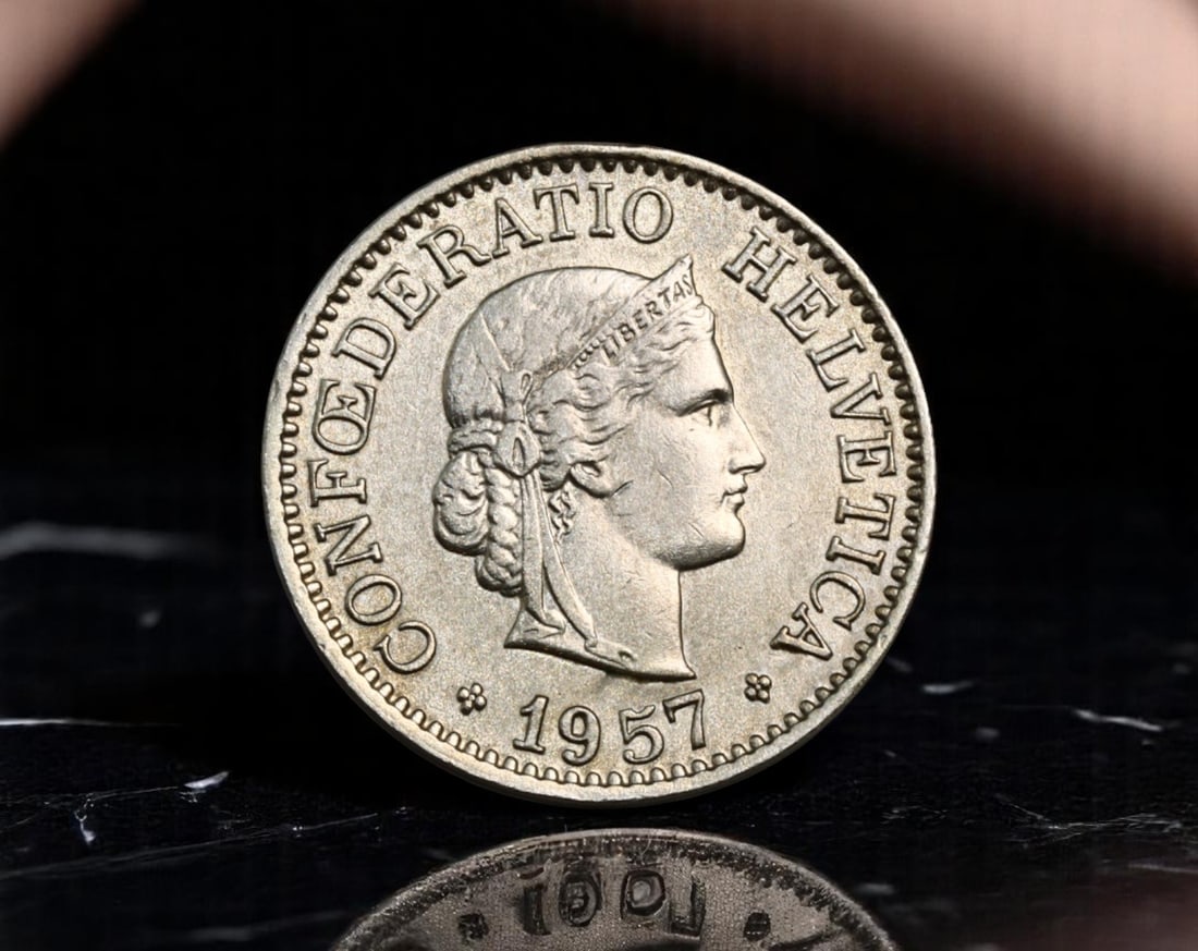 SWITZERLAND: The Spirit of Liberty - Helvetia 10 Rappen Coin, 1957 B Bern Mint, 18mm (1 of 2)