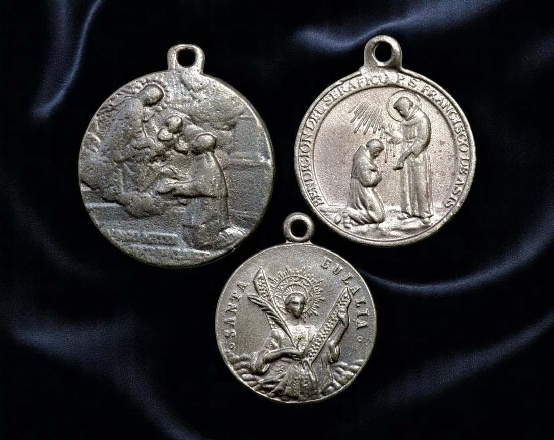 SPAIN: Franciscan Blessing & Martyr Saints Devotional Medallions of Intercession, 1920-1940, 23-28mm: This moving trio of round devotional medallions illustrates the rich spiritual heritage of Spanish Catholicism, invoking the Franciscan tradition, sacred martyrdom, and pastoral benediction through in
