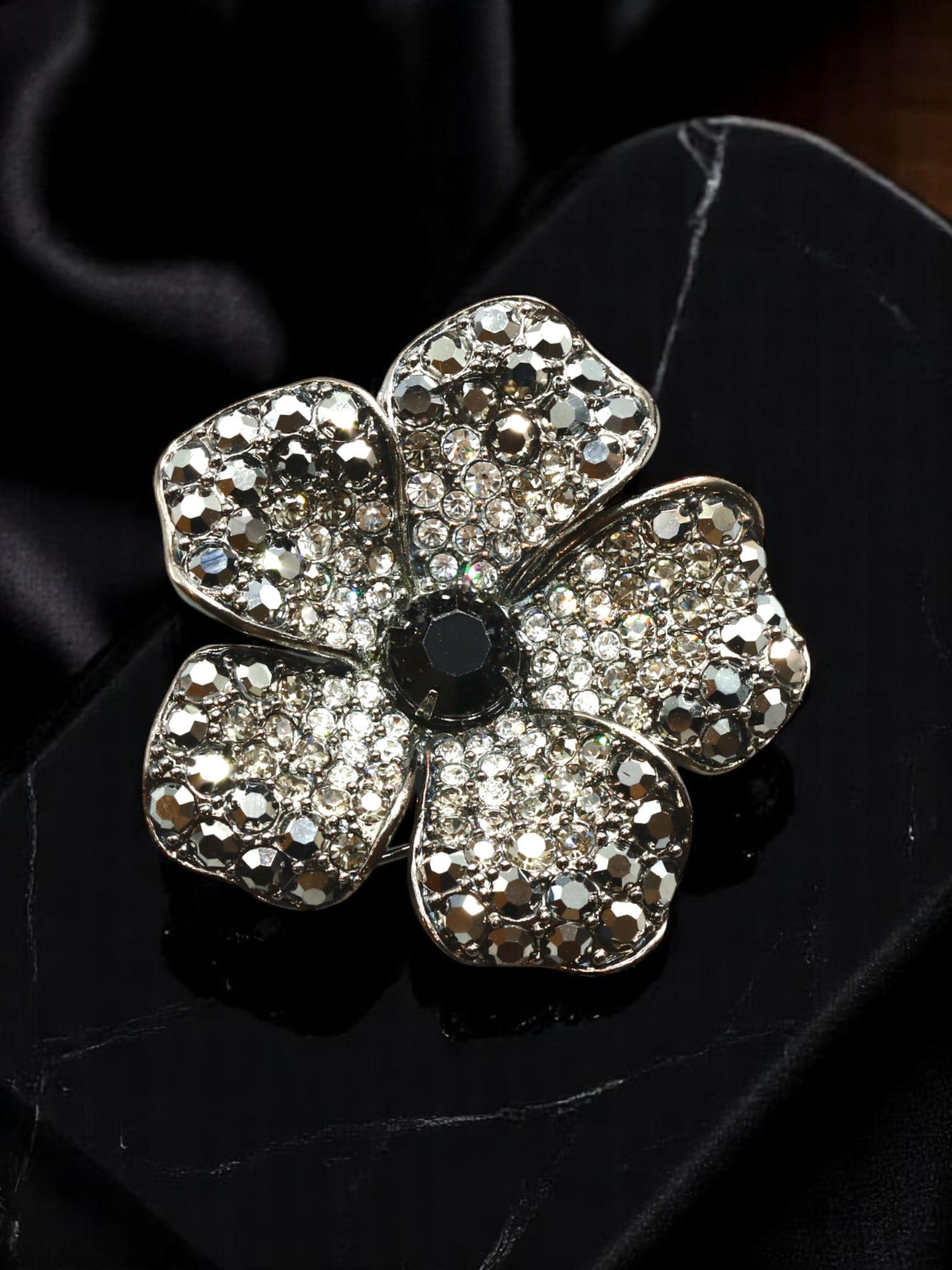 M&S: Pave Floral Brooch - Clear & Hematite-Tone Stones, Silvertone Finish, 4.2cm (1 of 3)