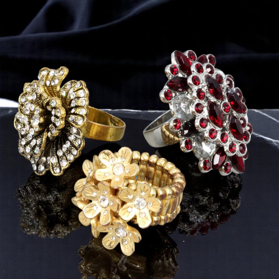 VINTAGE MIXED ERA: Ring Lot - Floral, Fan & Cluster Motifs, Clear & Ruby-Like Stones, Size 6-7 US (1 of 1)