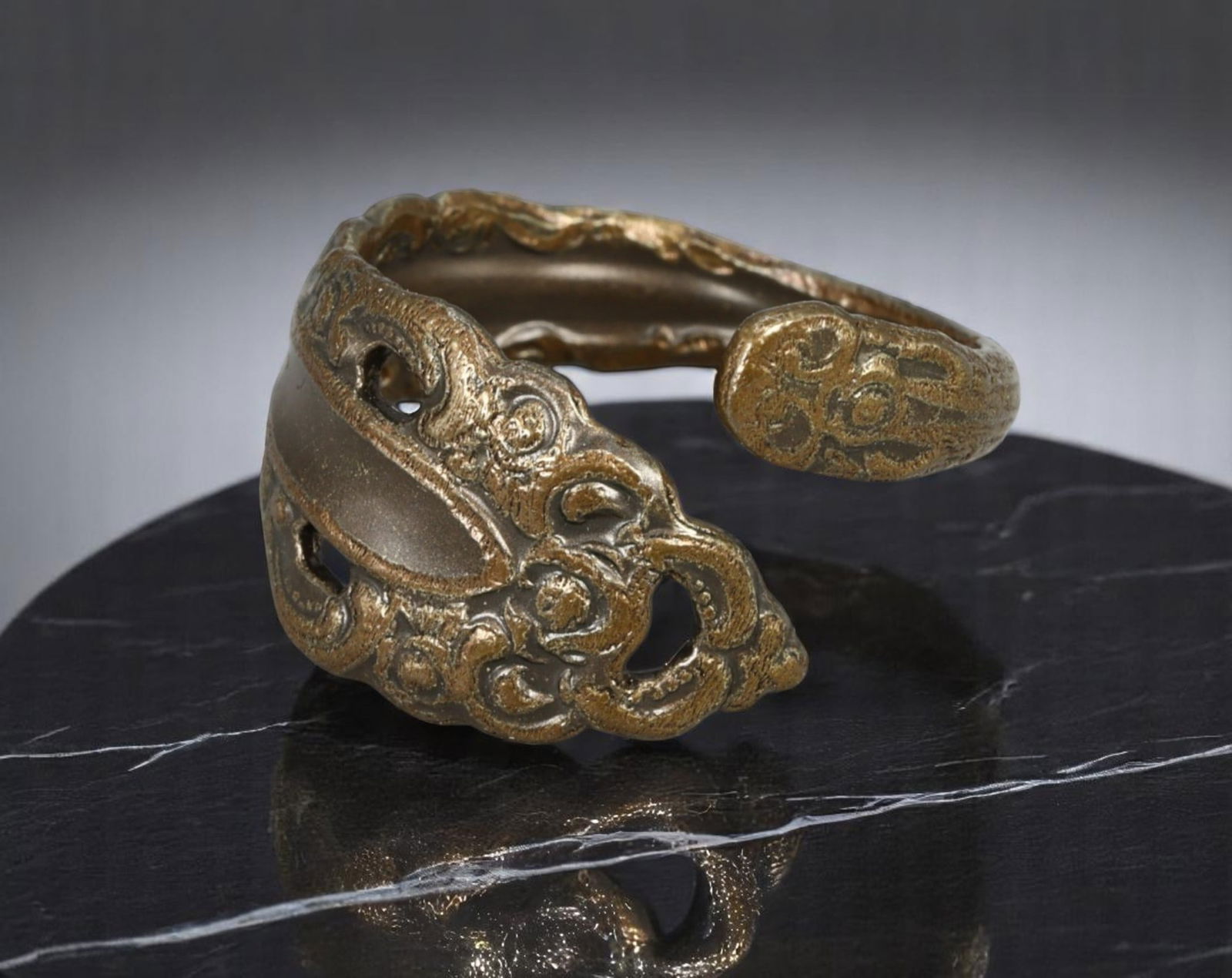 ARTISTIC MODERN STYLE: Wrap Ring - Textured Open Scrollwork in Antiqued Bronzetone, Size 10.5: This estate ring merges organic elegance with expressive craftsmanship, featuring an open wrap design with scrolling, almost botanical relief work. Cast in antiqued bronzetone, the surface shows inten
