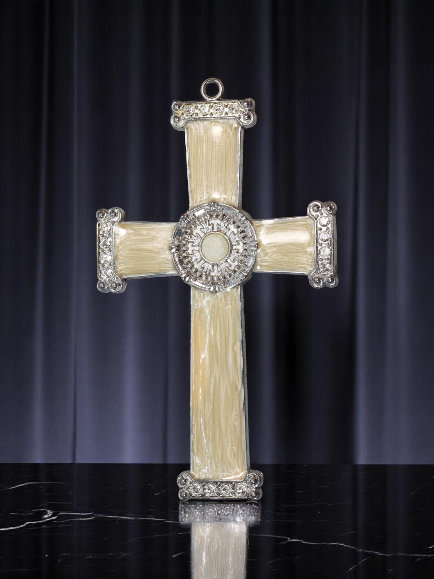 VINTAGE LARGE CROSS PENDANT - Faux Ivory Inlay with Silvertone Settings & Clear Stones, 12.5x7cm (1 of 2)