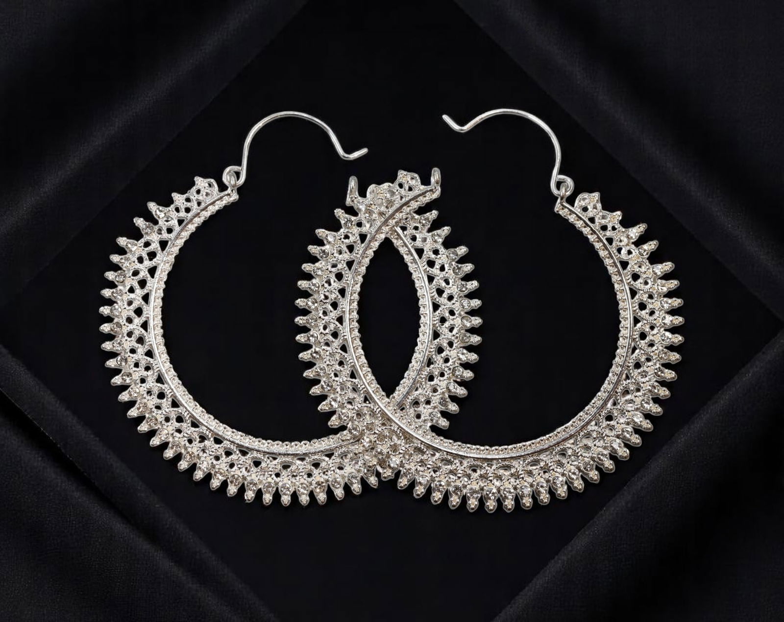 BOLD STATEMENT ERA: Oversized Filigree Hoop Earrings - Radiant Silvertone Spiked Design, 6cm (1 of 1)