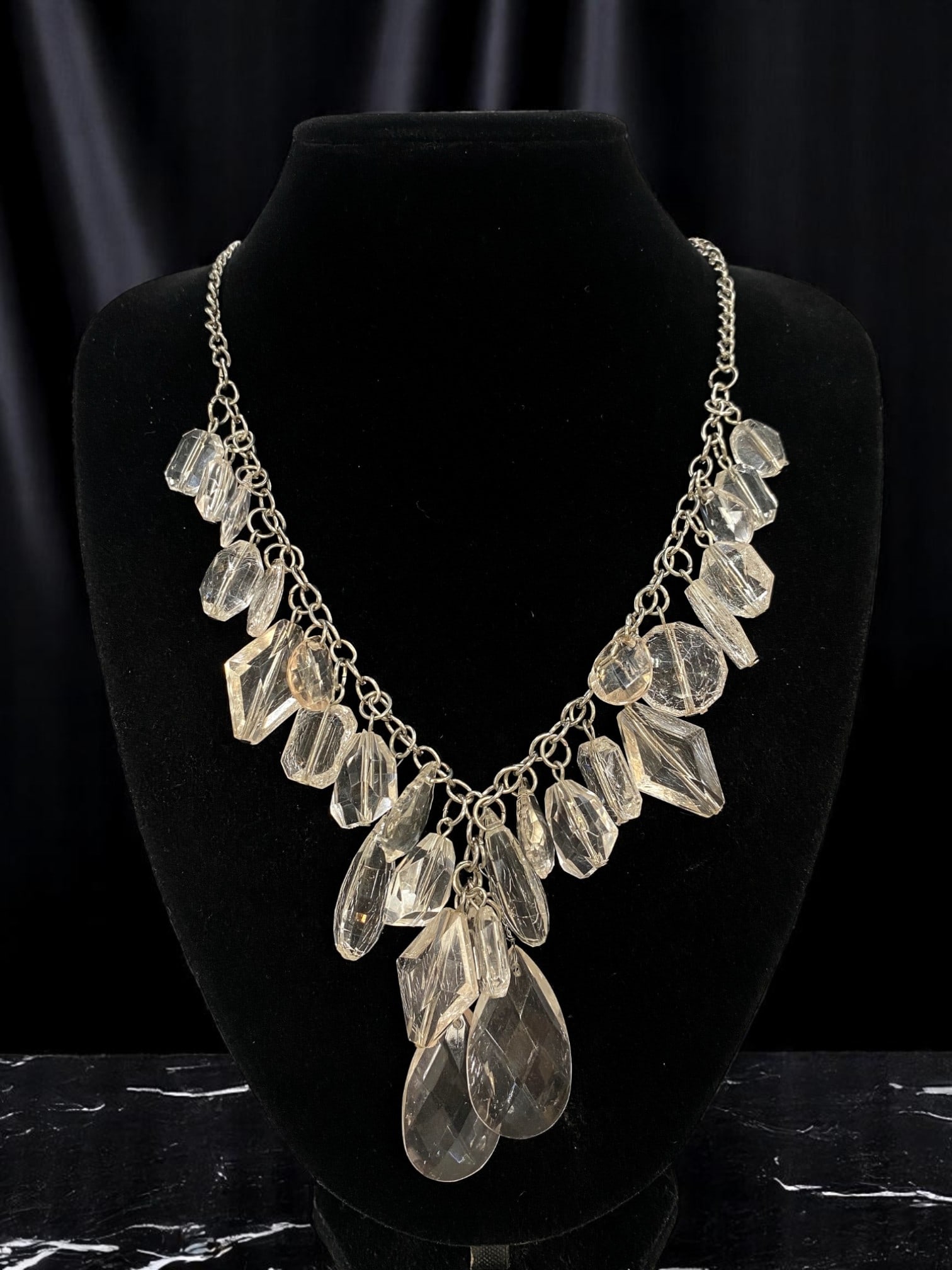 Faceted Drop Necklace - Clear Stone-Like Accents, Silvertone Chain 56cm (1 of 1)