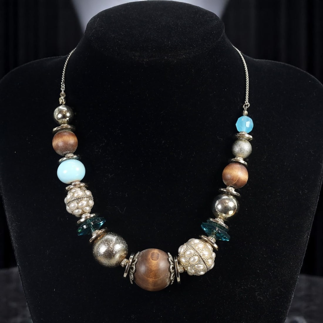 Statement Necklace - Mixed-Media Beads in Wood, Pearl-Like & Metallic Finishes, 42cm (1 of 2)