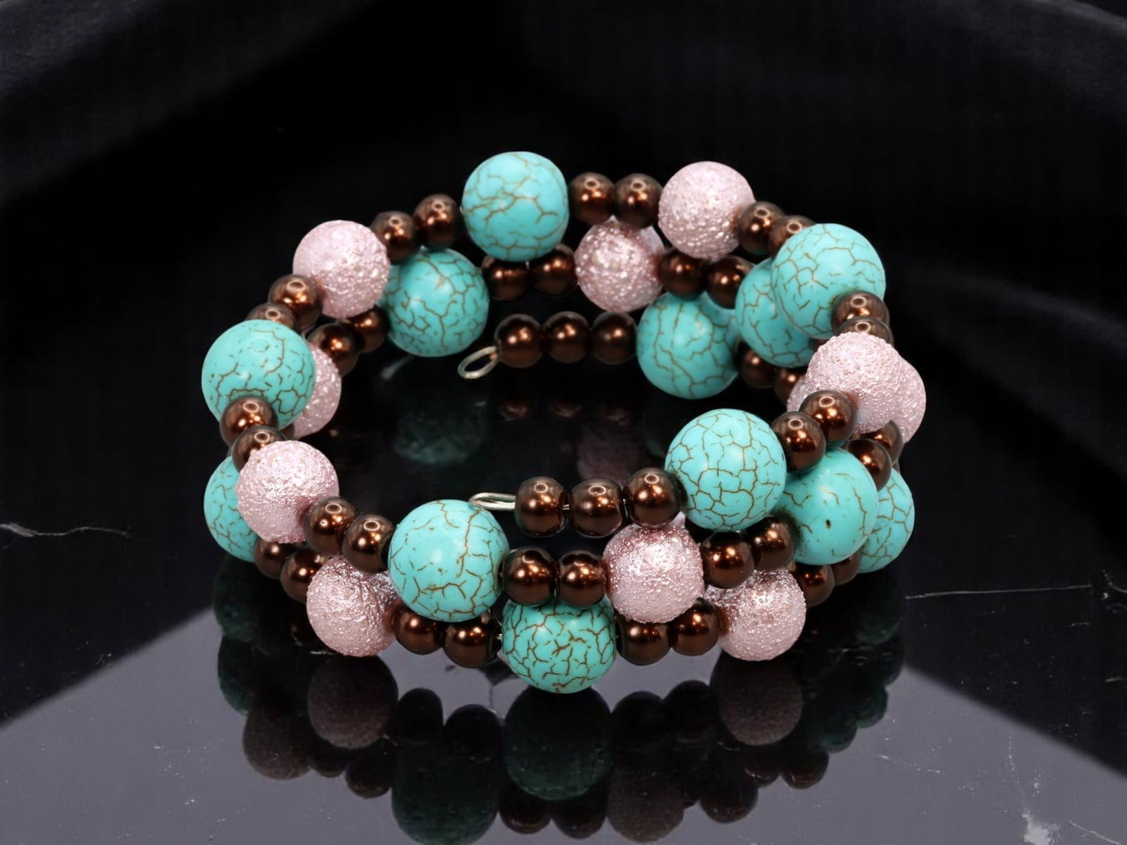 BOLD STATEMENT ERA ESTATE: Coil Wrap Bracelet - Turquoise-Like, Textured Pink, Metallic Beads (1 of 2)