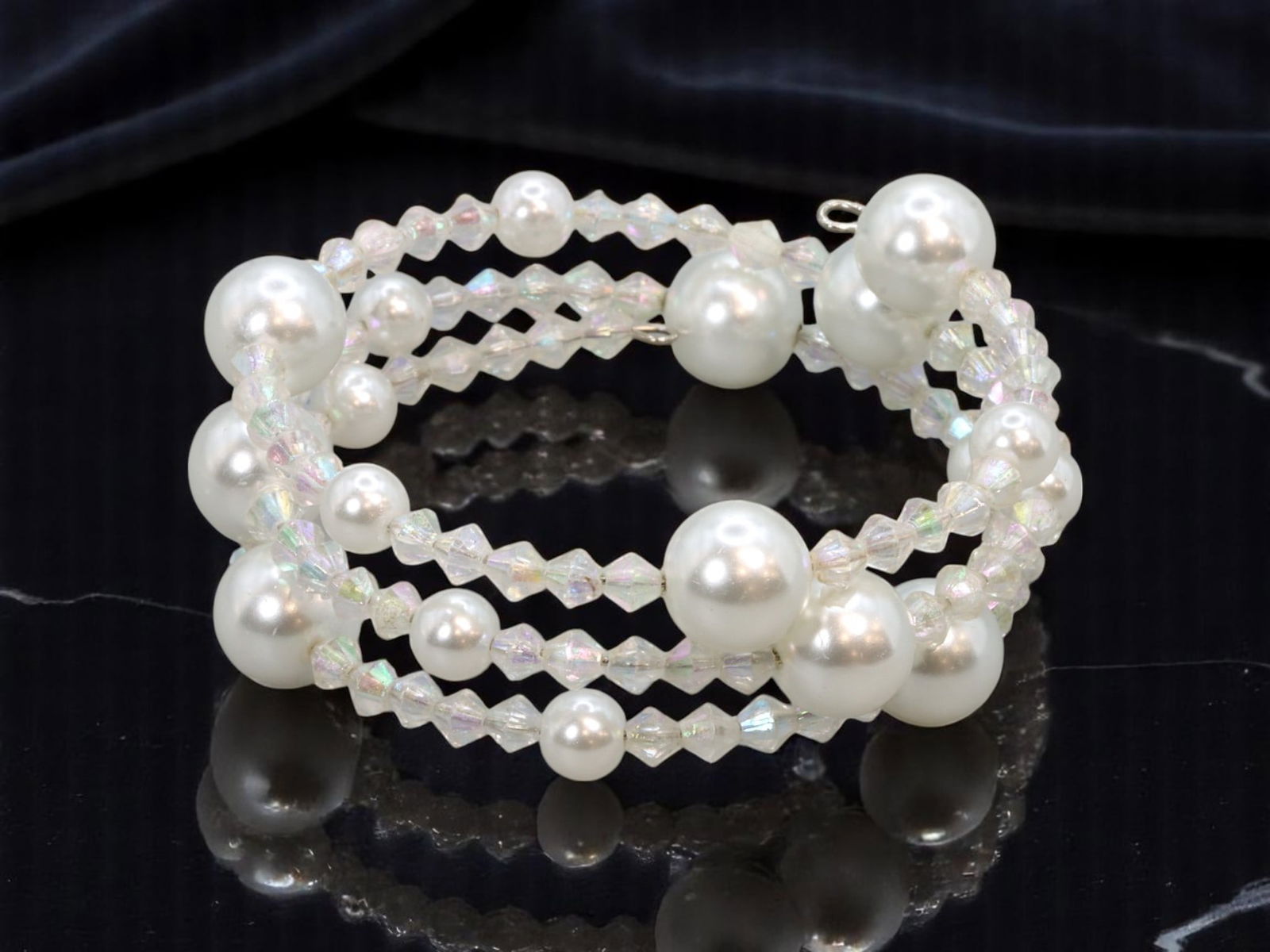 MID-CENTURY ESTATE: Coil Wrap Bracelet - Pearl-Like Beads, Faceted Clear Stones, Iridescent Sparkle: From an estate jewelry collection, this mid-century inspired coil wrap bracelet captures timeless elegance with a playful twist. Designed on a flexible wire strand that comfortably coils around the wr