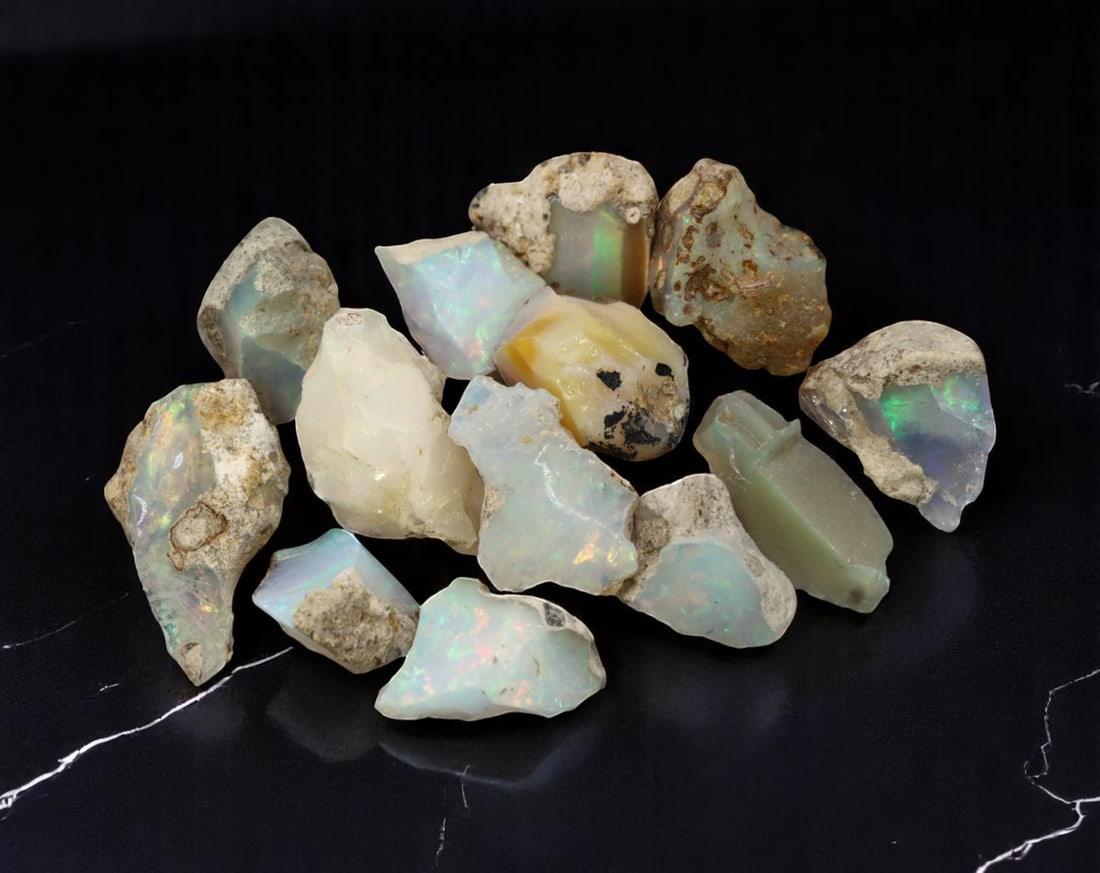 GEM LOT: Ethiopian Welo Opal Rough - Iridescent Play-of-Color in Matrix, Mixed Forms (11g): An estate-sourced parcel of natural Ethiopian Welo Opal rough, totaling 11 grams, this lot features raw, matrix-hosted specimens with vibrant play-of-color across milky, translucent, and honey-toned b