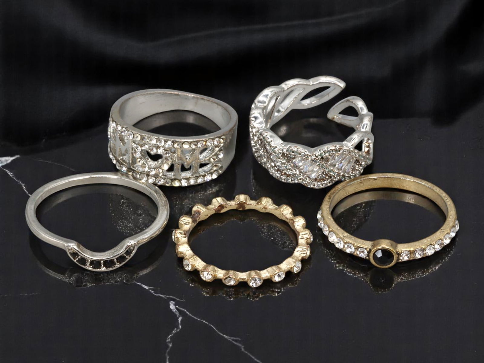 Estate Ring Lot - Clear & Black Stone Accents, Textured and Word Designs, US Size 5-7 (1 of 1)