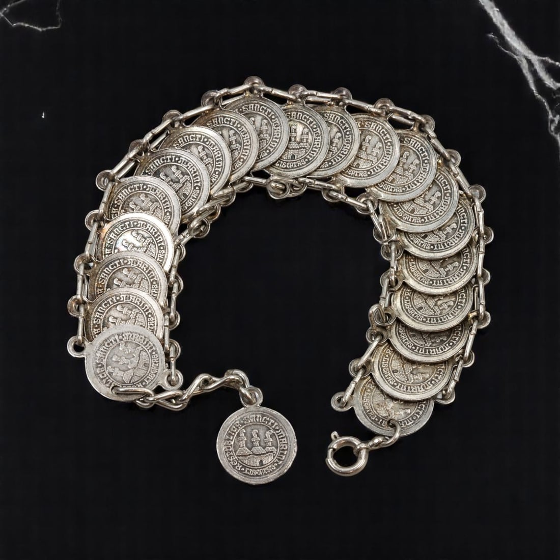 Coin Link Bracelet - "SANCTI BENEDICTI" Medallions, Silvertone Cast, 37cm, 65g (1 of 2)