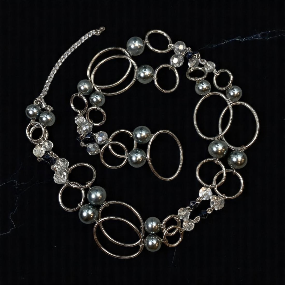 USA: Lia Sophia - Long Silver-Tone Open Link Necklace with Faux Pearls and Crystal Beads, 116cm (1 of 2)