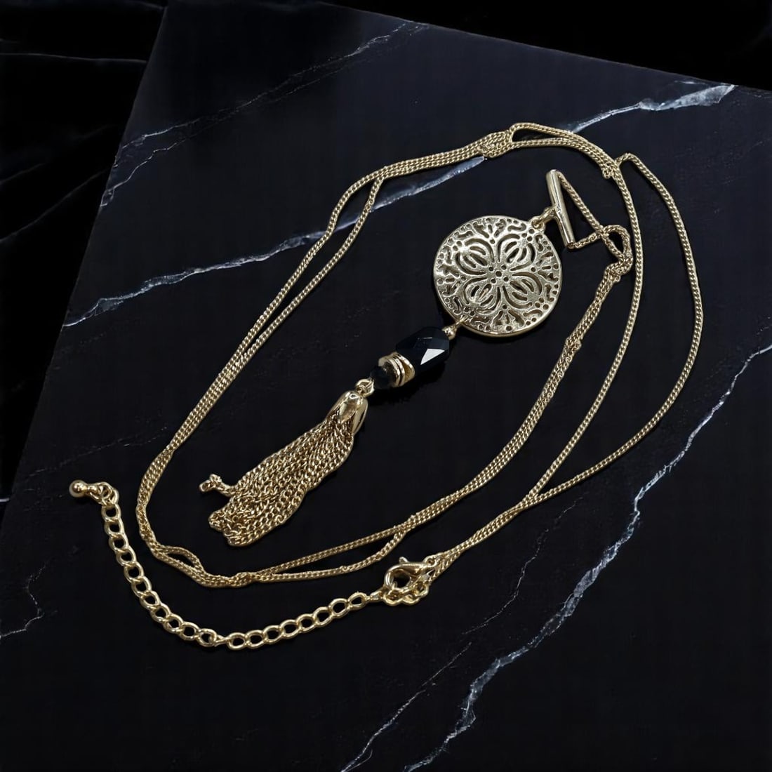 Long Pendant Necklace - Goldtone Filigree Medallion, Black Beads & Chain Tassel, 80cm (1 of 2)