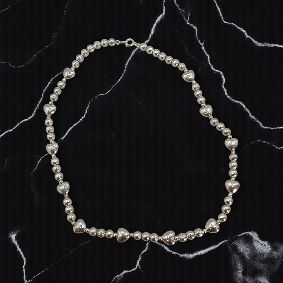 MID-CENTURY: Estate Beaded Necklace - Silvertone Heart and Round Beads, 44cm (1 of 2)