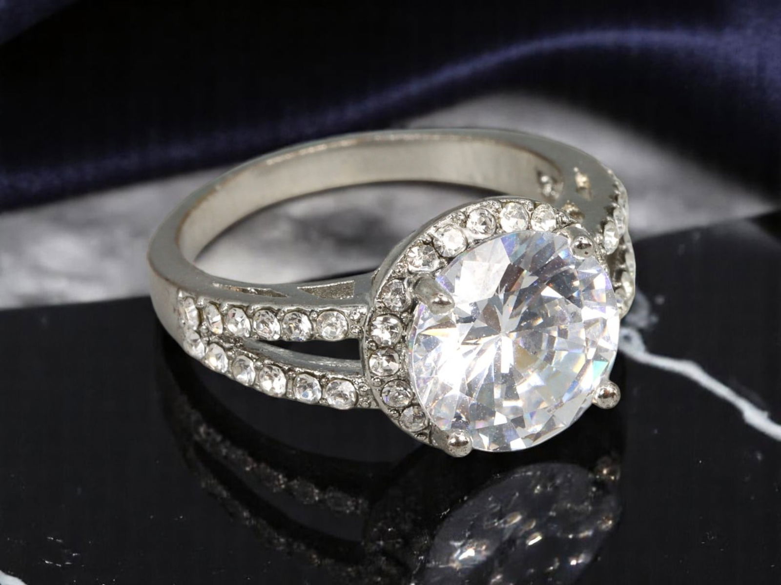 Silvertone Statement Ring - Brilliant-Cut Clear Center Stone with Pave Accent Halo, US 7 (1 of 2)