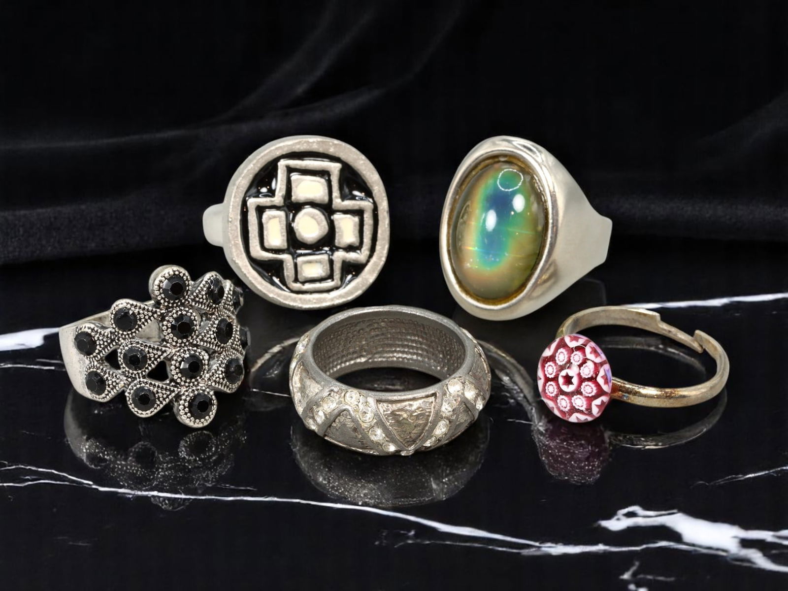 Ring Lot - 5 pcs, Geometric, Textured & Art Glass Motifs, Mixed Tones, Sizes 6 - 9 US (1 of 1)
