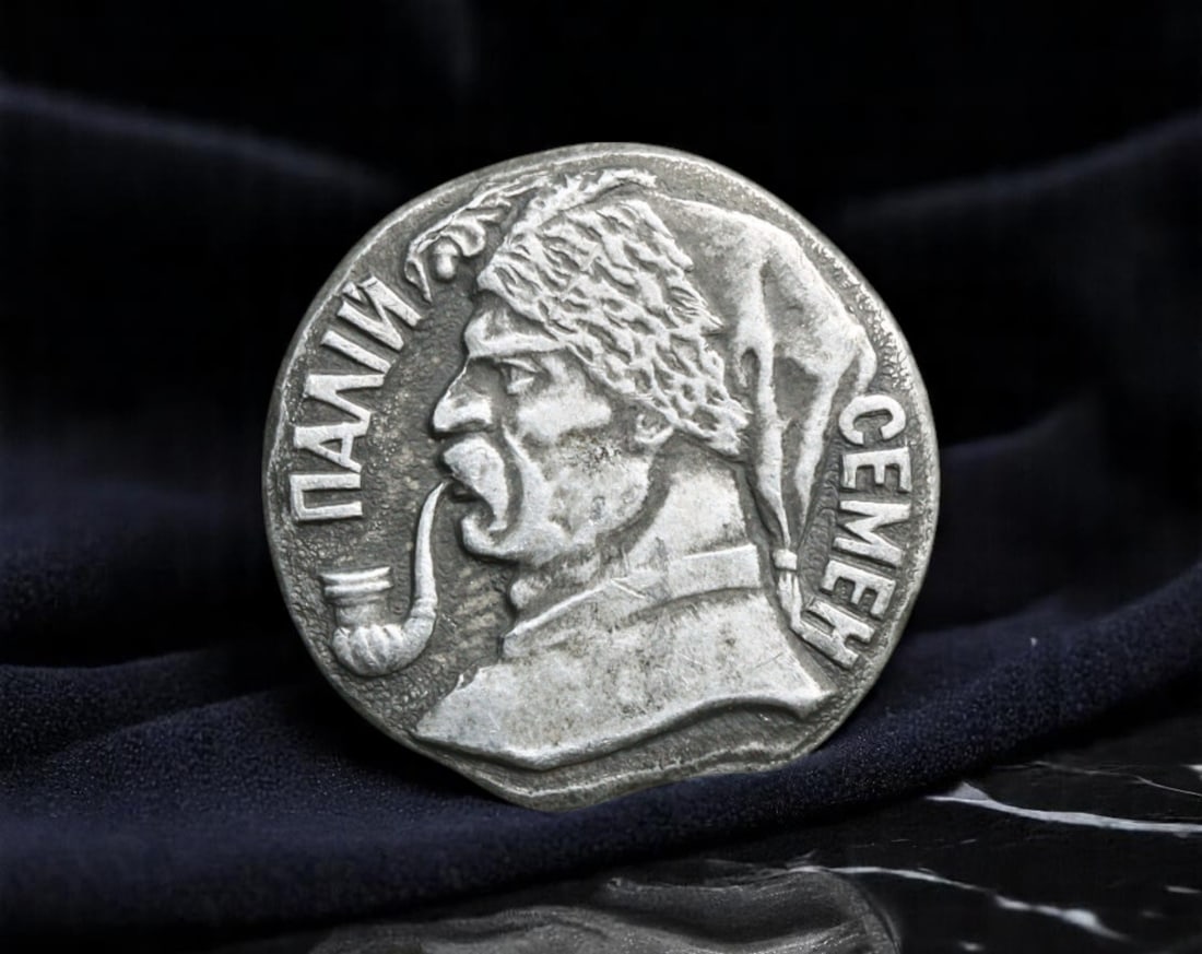 USSR: Semen Palii - Cossack Rebellion Hero Commemorative Badge, circa 1970s, 20mm: This evocative 20mm badge pays tribute to Semen Palii, the legendary Cossack colonel and hero of the late 17th and early 18th centuries. The bold profile of Palii, depicted with his trademark fur hat 
