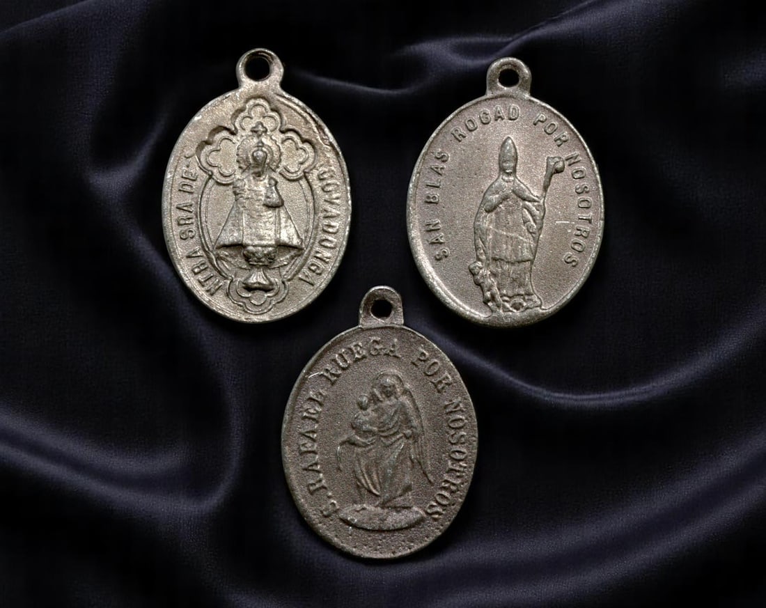 SPAIN: Saints & Marian Devotion - Catholic Medal Set Featuring Regional Patronage, c.1920-1940, 22mm: These finely struck devotional medals offer a rich blend of personal intercession and regional Marian reverence deeply embedded in Spanish Catholic tradition. Each piece reflects early 20th-century re