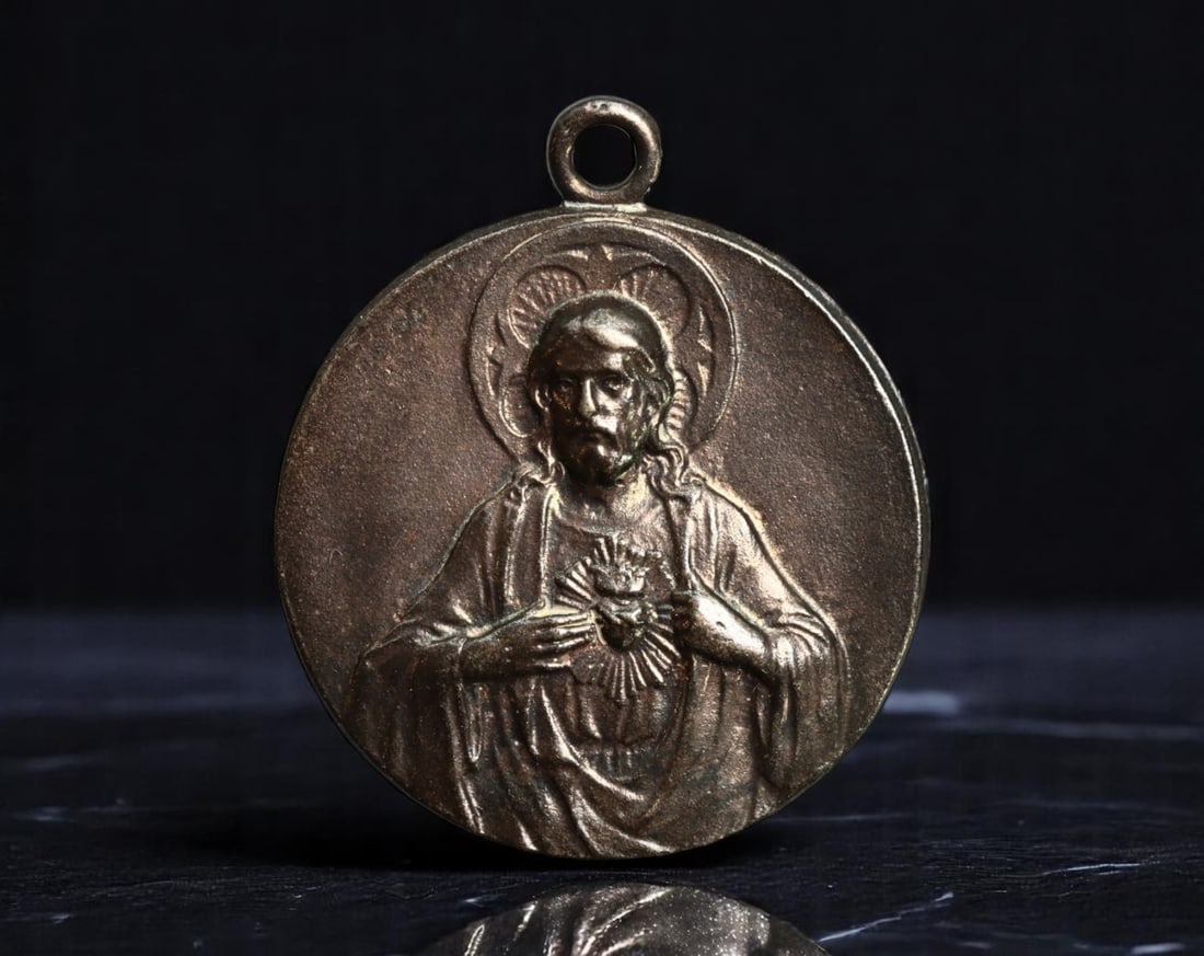 ITALY: Sacred Heart & Our Lady of Mount Carmel - Devotional Medal, c.1940s, 22mm: This dual-sided devotional medal embodies two of the most profound devotions within Catholic tradition: the Sacred Heart of Jesus and Our Lady of Mount Carmel. One side presents Christ pointing to His