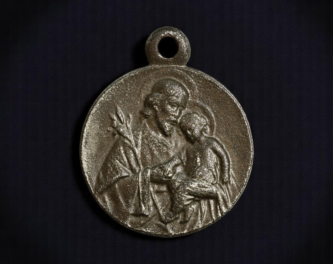 ITALY: St. Joseph and Child Jesus - Devotional Medal with Lily Emblem, c.1950s, 19mm: This Italian devotional medal honors the paternal protection of St. Joseph, depicted in a serene and intimate moment with the Christ Child. The lily held in Joseph's hand is a traditional emblem of pu