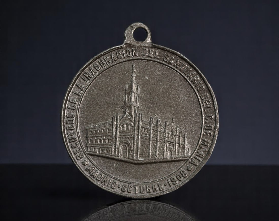 SPAIN: Marian Consecration - Medal of the Sanctuary of the Heart of Mary, Madrid 1908, 30mm: Issued to commemorate the solemn inauguration of the Santuario del Corazon de Maria in Madrid, this 1908 medal embodies both architectural and spiritual dedication. One side presents a finely detailed