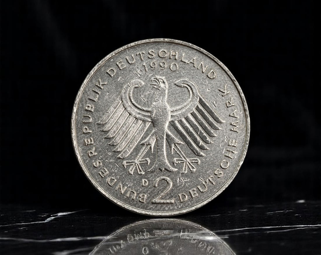 GERMANY: Postwar Statesmanship - Kurt Schumacher 2 Deutsche Mark Coin, 1990 D, 26mm: Issued in the final year before German reunification, this 2 Deutsche Mark coin pays tribute to Kurt Schumacher (1895-1952), a pivotal figure in rebuilding German democracy after World War II. The obv