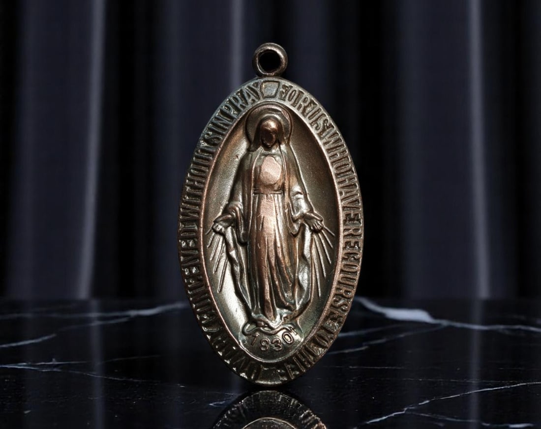 FRANCE: Marian Apparition - Miraculous Medal of Rue du Bac, ca. 19th Century, 35mm: A deeply revered symbol of grace and divine intervention, this 35mm oval medal-known universally as the Miraculous Medal-commemorates the 1830 Marian apparition to Saint Catherine Laboure in Paris. Th