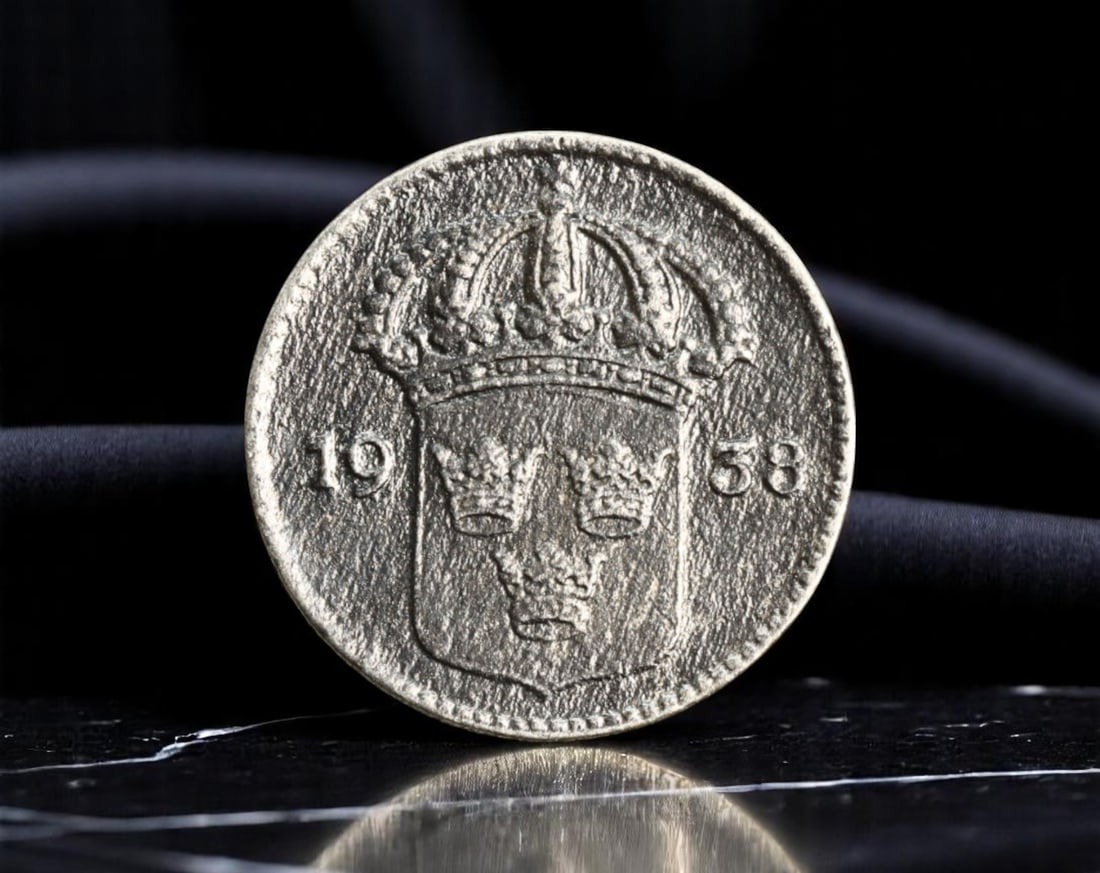 SWEDEN: Crowned Arms - National Unity 10 Ore Coin, 1938, 14mm: Struck at the brink of global conflict, this 1938 Swedish 10 Ore coin embodies the minimalist precision of Nordic design fused with deep-rooted monarchical symbolism. The obverse features the crowned 
