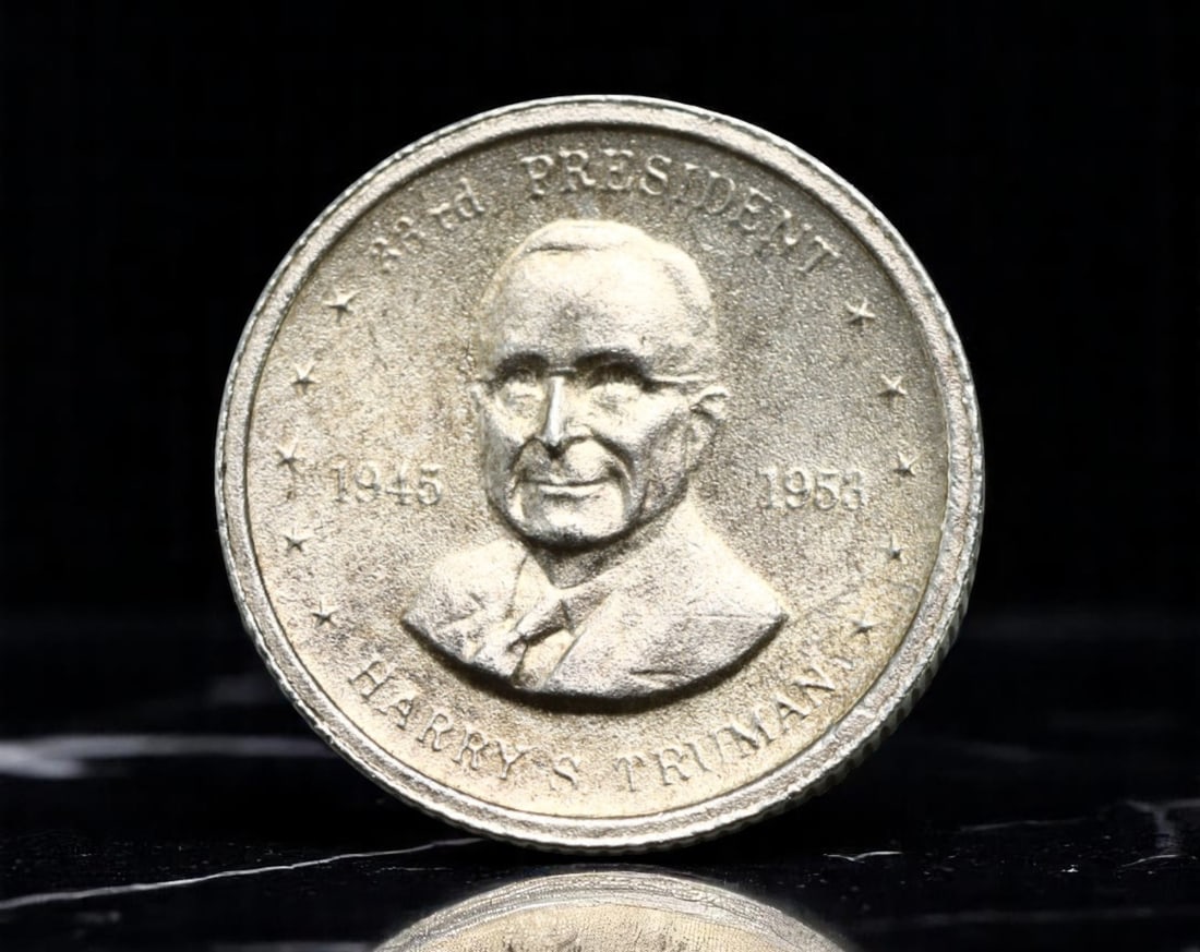 FRANKLIN MINT: Harry S. Truman - Cold War Command Miniature Coin, 1945-1953, USA, 10mm: This precision-struck miniature coin from the Franklin Mint honors the 33rd President of the United States, Harry S. Truman, whose tenure defined the dawn of the Cold War era. Truman's likeness is ren