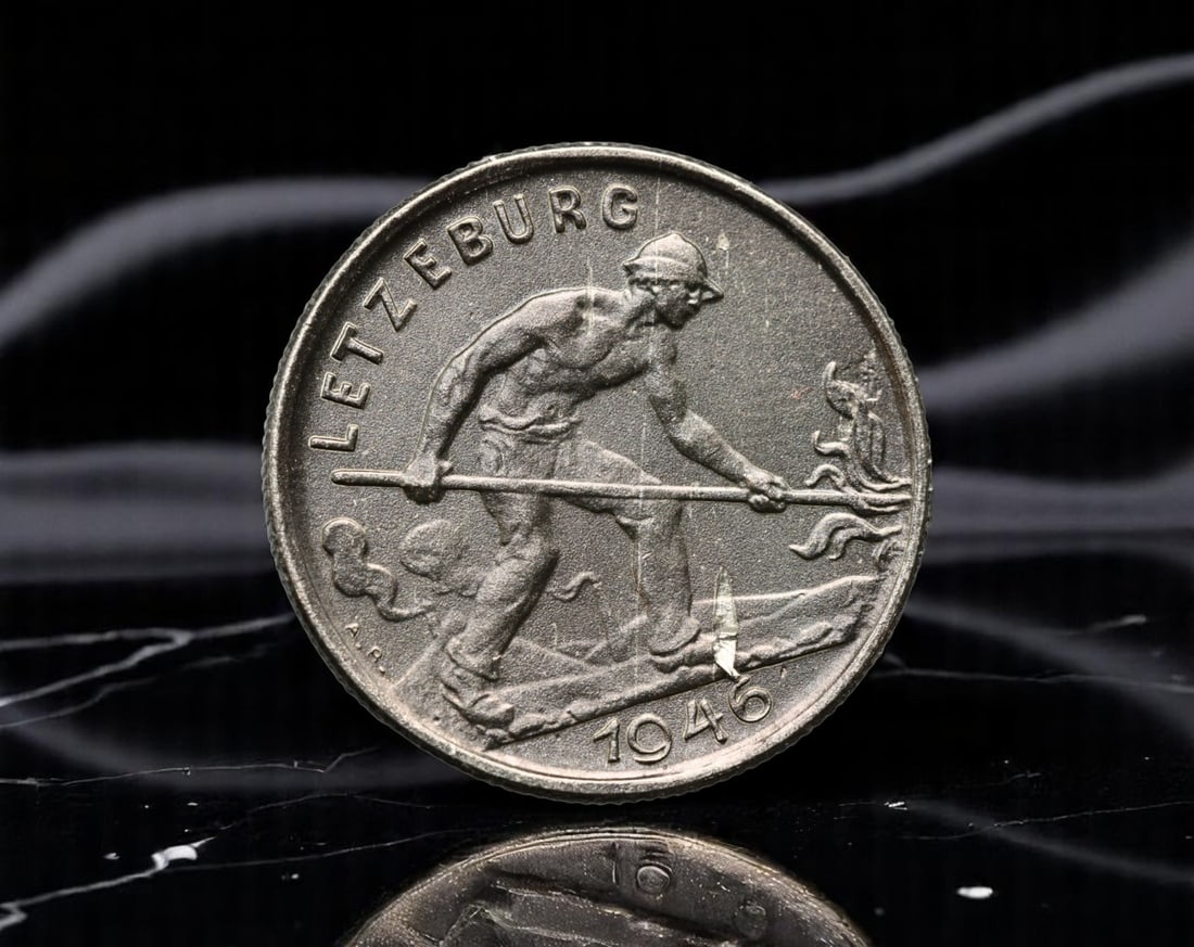 LUXEMBOURG: Postwar Renewal - Industrial Strength 1 Franc Coin, 1946, 23mm: Issued in the pivotal postwar year of 1946, this 1 Franc coin from Luxembourg embodies the nation's industrial resilience and reconstruction. The obverse depicts a muscular steelworker, bare-chested a