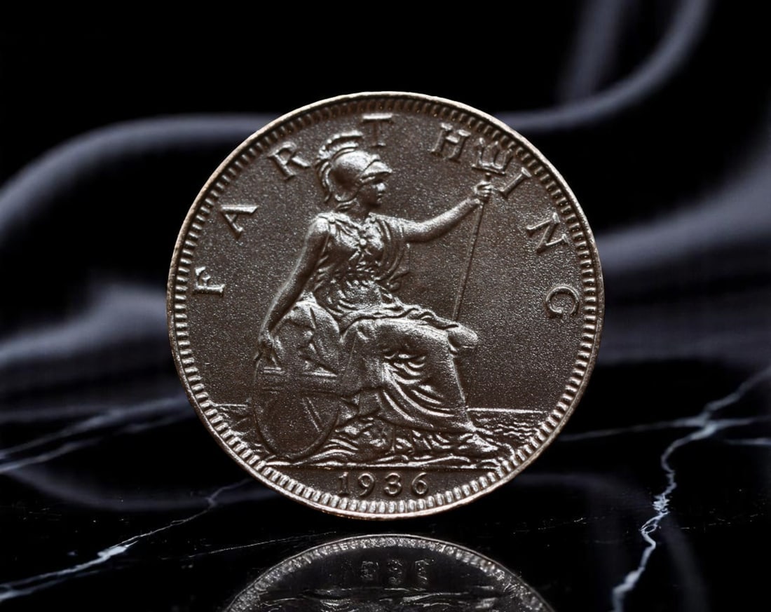 UNITED KINGDOM: George V - Britannia's Vigil Farthing Coin, 1936, 20mm: Struck in the final year of George V's reign, this 1936 farthing exemplifies Britain's enduring maritime strength and stability. The obverse presents a dignified portrait of King George V, styled with