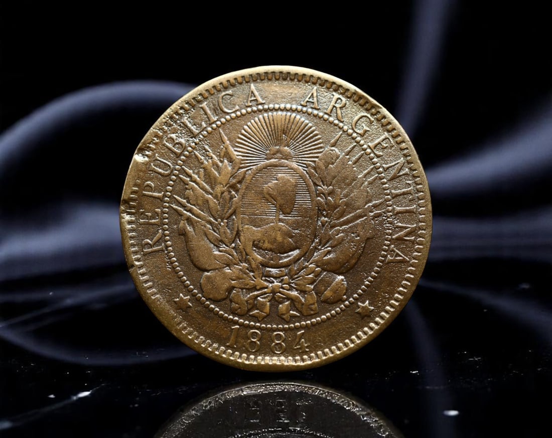 ARGENTINA: Republic and Liberty Allegory Bronze 2 Centavos Coin, 1884, 26mm (1 of 2)