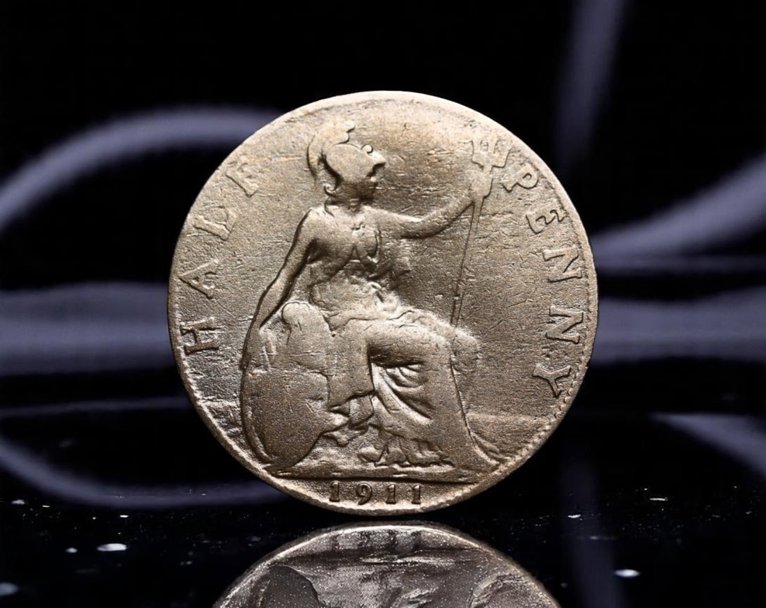 GREAT BRITAIN: King George V - Imperial Maritime Unity Halfpenny Coin, 1911, 25mm: Struck at the dawn of a new reign, this 1911 halfpenny under King George V reflects the confidence and reach of the British Empire at its height. The king's portrait, executed with fine restraint, pro