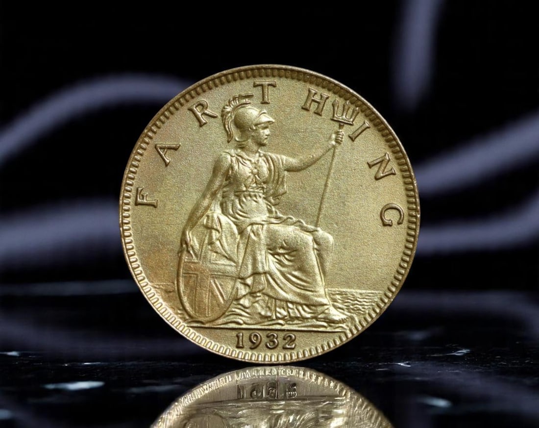 UNITED KINGDOM: George V - Britannic Strength Farthing Coin, 1932, 20mm: Struck during a time of economic challenge and imperial resilience, this 1932 Farthing coin captures the enduring symbolism of Britannia under the reign of George V. The obverse presents a solemn, bea