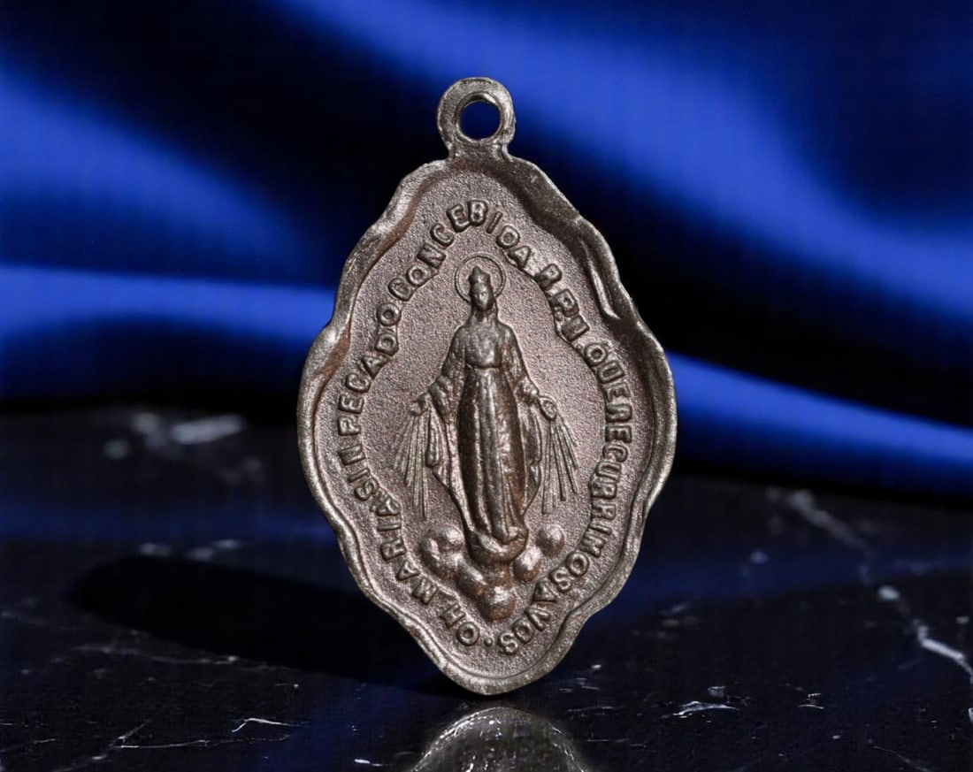 SPAIN: Miraculous Medal - Immaculate Conception Devotional Coin, c.1930s, 28mm: This elegantly scalloped devotional medal represents one of the most iconic Catholic sacramentals of the 20th century-the Miraculous Medal, born of Marian apparitions to Saint Catherine Laboure in 183
