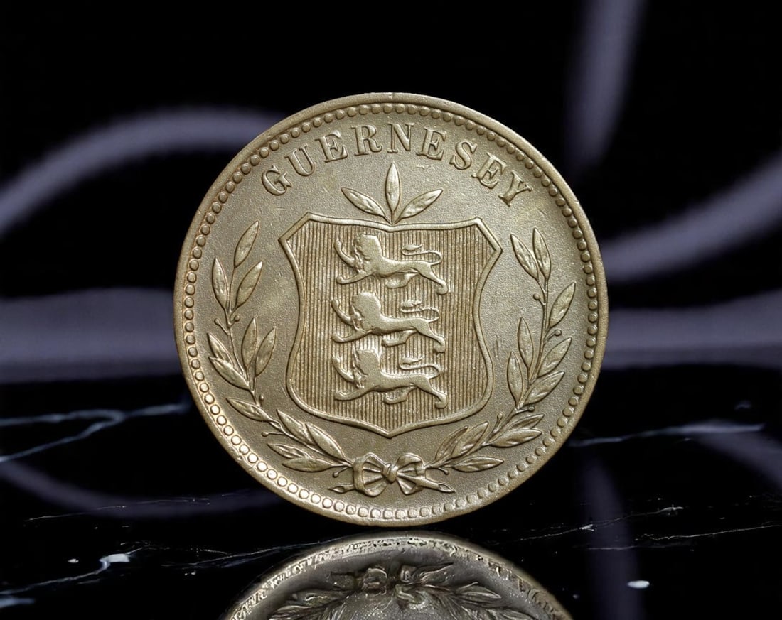 GUERNSEY: Insular Pride - Three Lions Armorial 8 Doubles Coin, 1903 H Heaton Mint, 31mm (1 of 2)